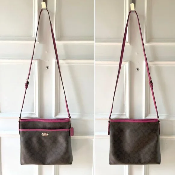 Coach Signature Crossbody File Bag Brown Black Cranberry Pink Leather Trim Gold